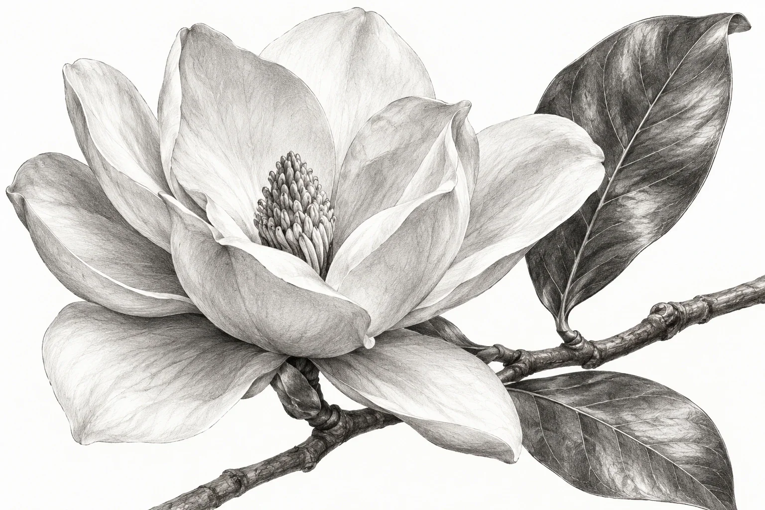 Graphite magnolia branch and flower study