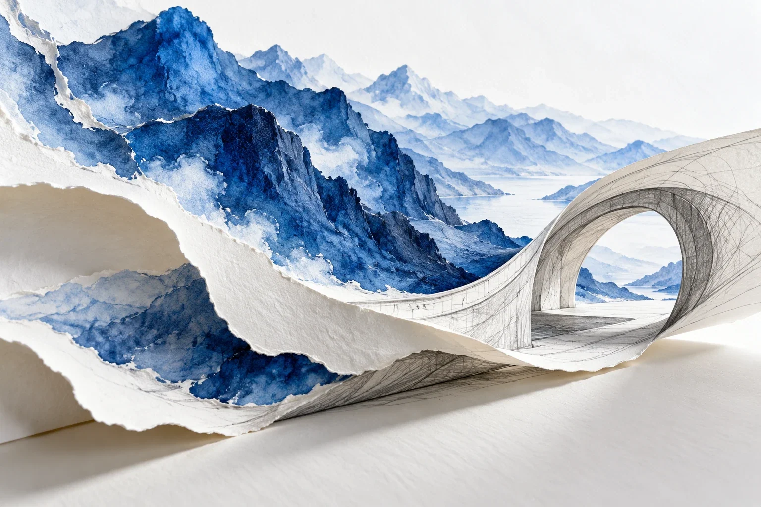 Conceptual layered watercolor mountains and graphite architectural curve on white paper