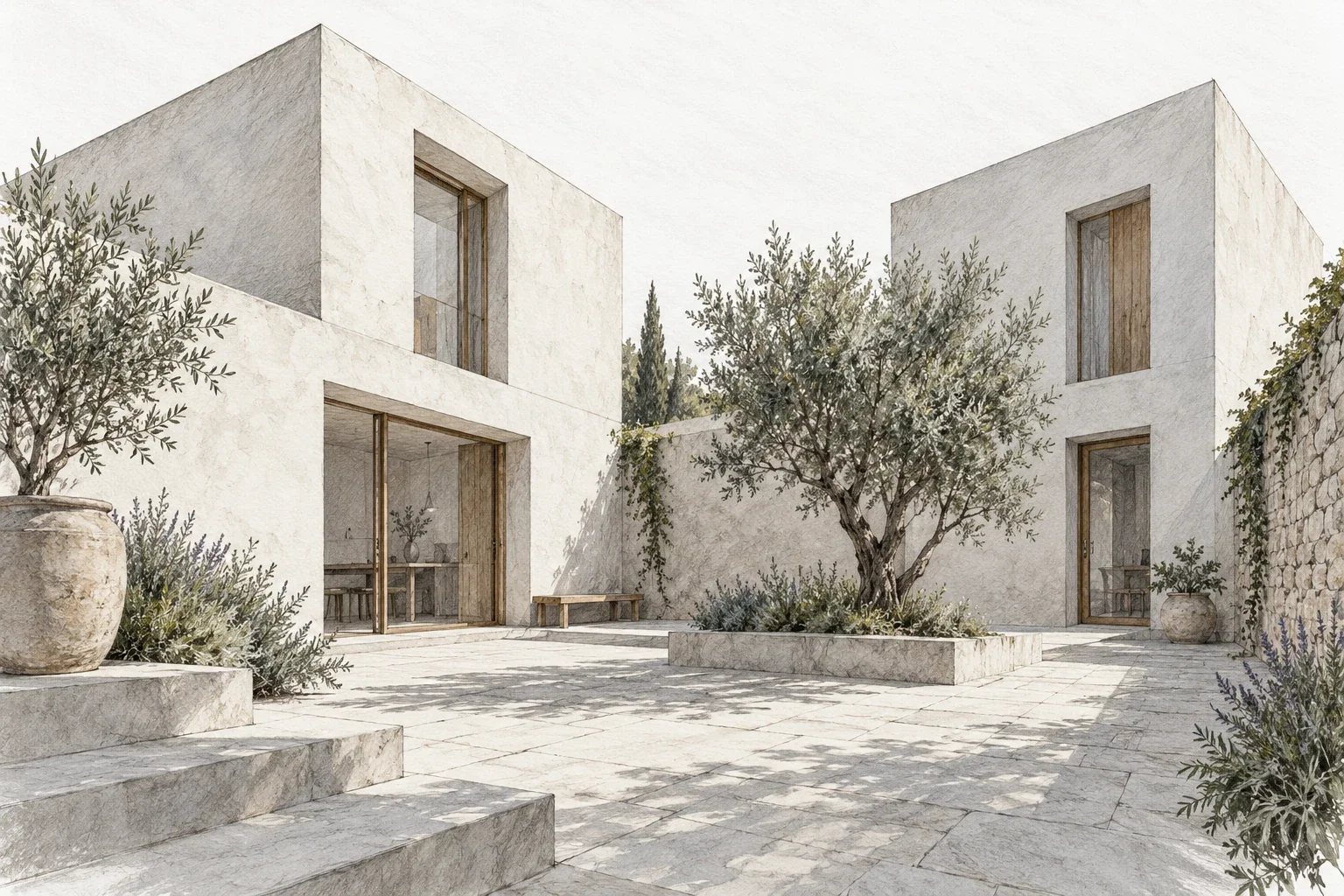 Illustrative graphite courtyard architecture, not a measured construction diagram