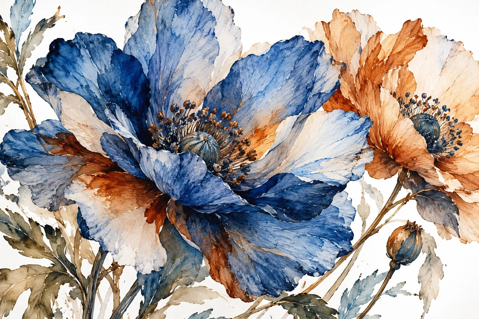 Expressive watercolor botanical painting with blue and warm translucent petals
